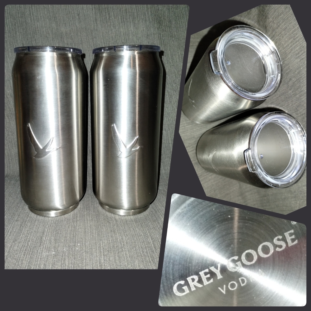 2 GREY GOOSE VODKA BRUSHED STAINLESS STEEL TUMBLER INSULATED TO-GO DRINK CUPS!